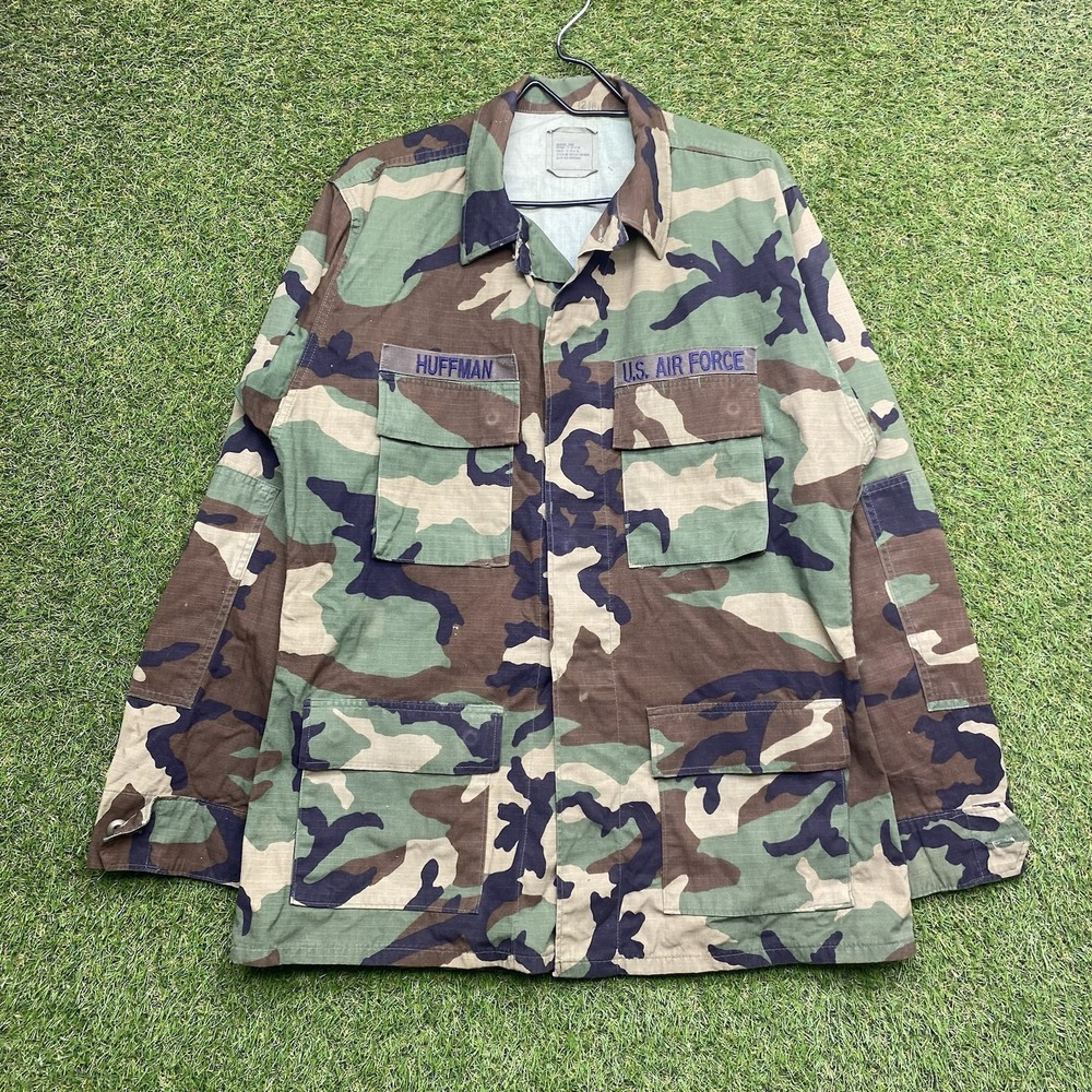 US ARMY Military Jacket Mens Medium Long Woodland Camouflage Button Shirt